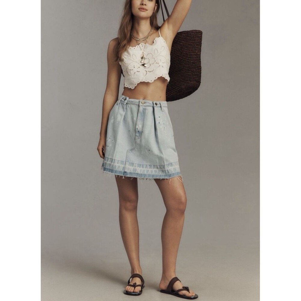 Anthropologie Pilcro Reworked Denim Mini Skirt Light Wash Raw Hem Size 0 $128